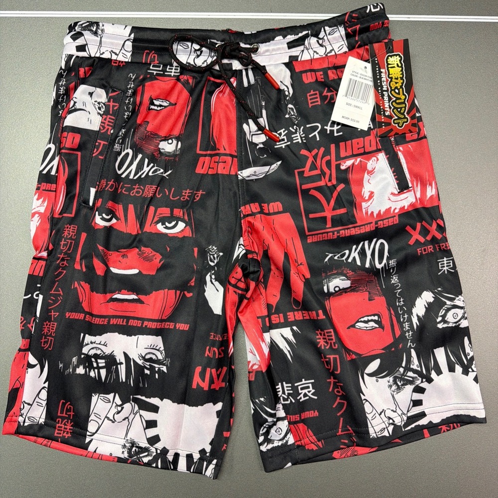 Fresh Prints Anime Board Shorts Black White Red Drawstring Pockets Men's S NWT!!